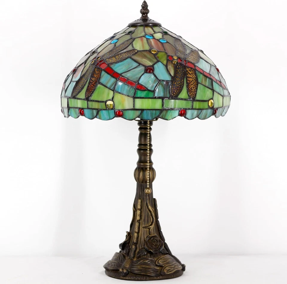 Lámpara de mesa Tiffany lámpara de vitral 12X12X19 pulgadas luz de lectura antigua (verde Foto 2 de 4