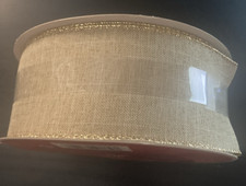 2 1/2  x 80ft Wired Edge Jumbo Ribbon Gold edge on beige
