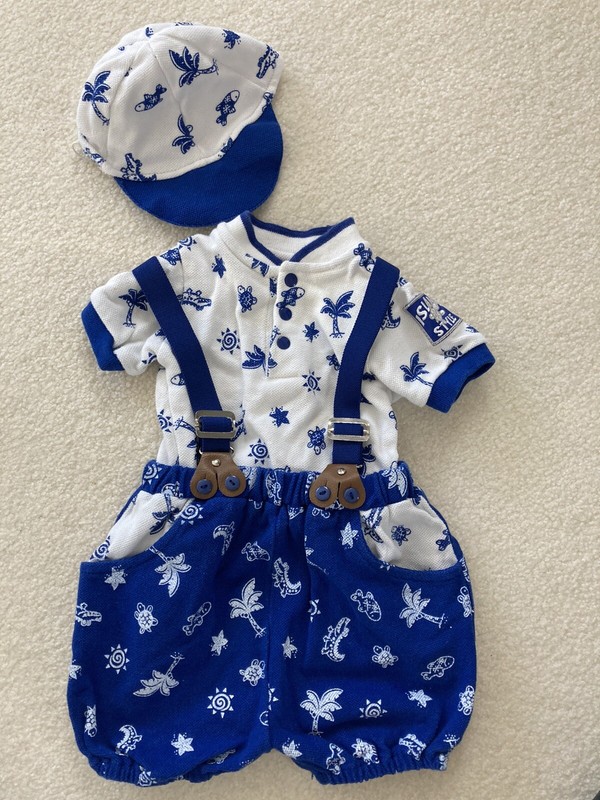 3 Piece Baby Boy O’Baby 3-6 Months Blue  & White Shirt Shorts Hat Outfit EUC