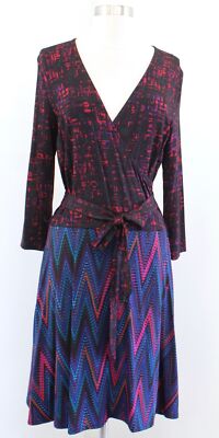Leota Black Multi Color Printed Color Block Faux Wrap Jersey Dress