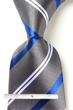 New Classic Striped Blue Gray White JACQUARD WOVEN 100 Silk Men's Necktie Tie