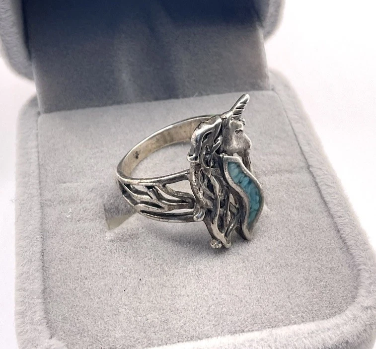 Vintage White Bronze MENS Biker Unicorn Cutout Turquoise Inlay Ring Sz 9 - Image 3 of 4