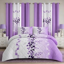 9-Piece Purple Floral Quilt and Curtain Set, Bedspread And Pillowcases