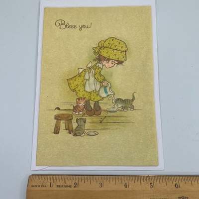 Vintage Gibson Small Blessings ''Bless You!'' Card Girl Cats Kittens Sneeze