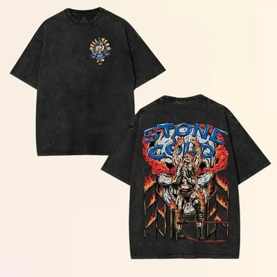 STONE COLD WASHED TEE Wrestling Graphic Tee Oversized Unisex Cotton Top WWE