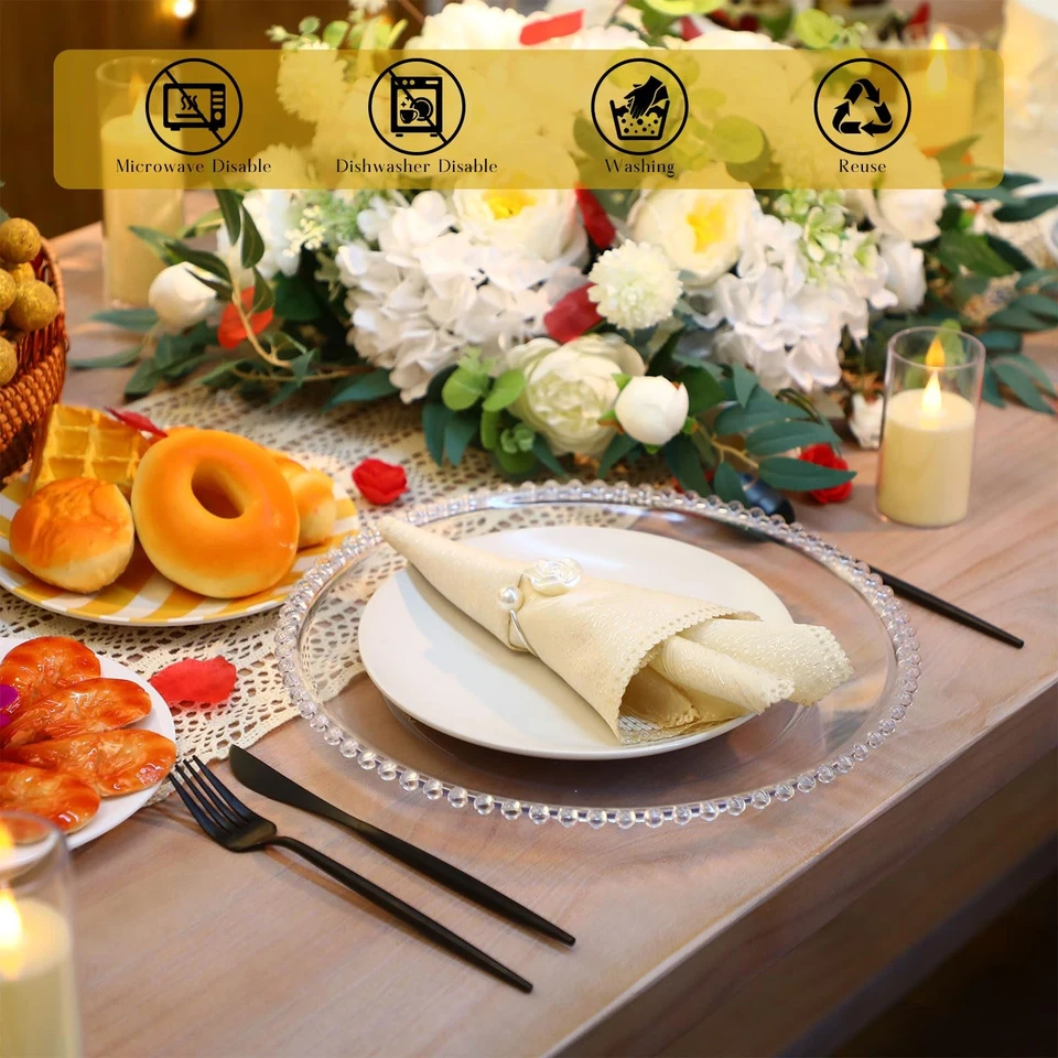 12 Set Clear Charger Plates with Napkin Rings 13 Inch Plastic Round Charger P... - Image 4 of 4