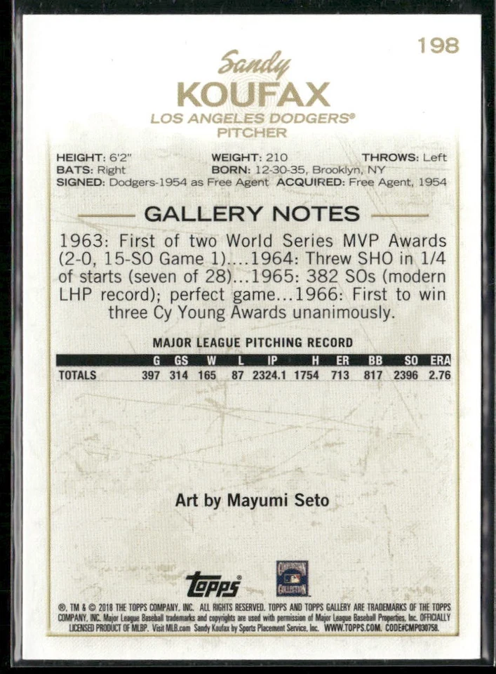 2018 Topps Gallery Sandy Koufax #198 Los Angeles Dodgers - Image 2 of 2