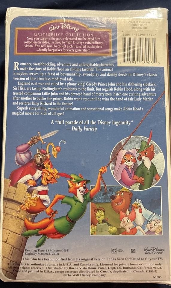 Robin Hood VHS Tape 1991 Walt Disney Masterpiece Collection NEW SEALED