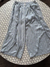 Surf Gypsy Womens Blue Metallic Gold Print Boho Pants With Fringed Edges M NWT