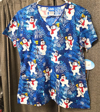 Tooniforms by Cherokee Frosty The Snowman V-Neck Scrub Top Medium NWT