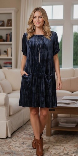Anthropologie Floreat Crushed Velvet Shift Dress Blue  Womens Medium/Petite MP