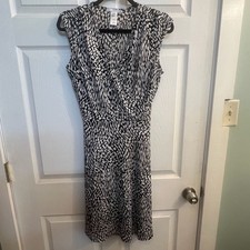 Studio One New York Back and Off White Animal Print Faux Wrap Midi Dress
