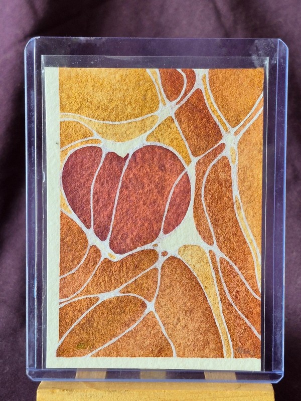 “Off the Charts” MM#53-ACEO Watercolor OOAK Signed Valentine Heart Abstract Gold
