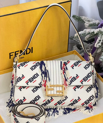 AUTH Fendi x Fila Baguette White Leather Logo Print Beaded Fringe Shoulder Bag