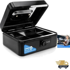 8-Inch Metal Cash Box with Lock & Removable Money Tray - Secure & Portable