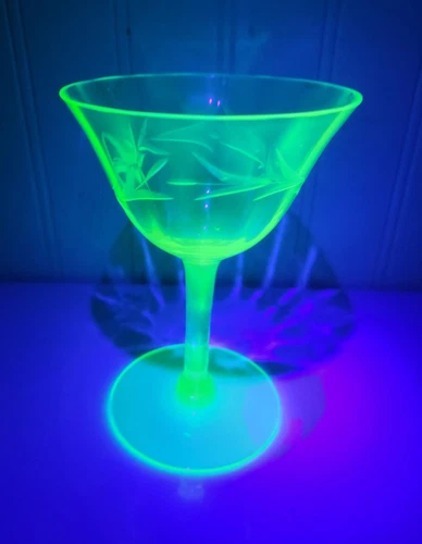 Uranium Depression Glass etched floral pat. 5" Stem Continental Champagne glass
