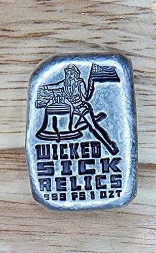 Mutiny Metals Wicked Sick Relics Liberty Girl 1oz .999 Silver Poured Bar #073