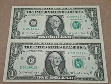 (2 ) $1 One Dollar Consecutive Star Notes From 1988 With Bleed Through Errors 