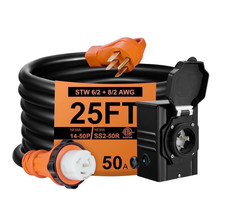 50 Amp 25FT RV Generator Cord Heavy Duty with Power Inlet Box 14-50P SS2-50R
