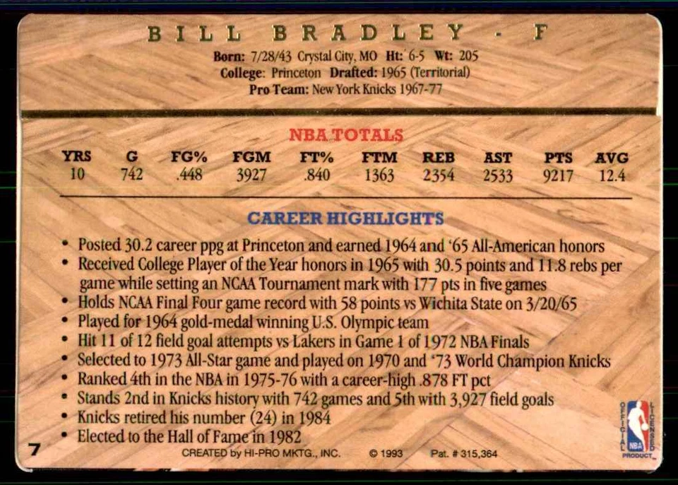 1993-94 Action Packed Hall of Fame Bill Bradley New York Knicks #7 - Image 2 of 2
