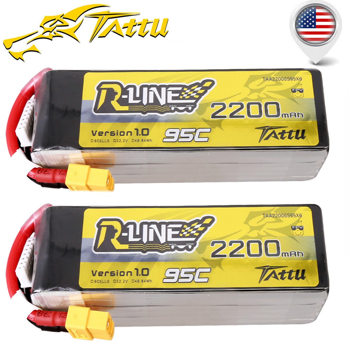 【2個セット】Tattu R-Line1.0 6S 95C 5100mAhリポ Tattu 5100mah 6S 95C 22.2V R-Line Lipo Battery with AS150 Plug