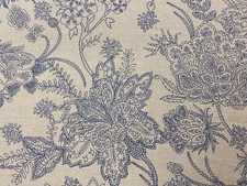 Fairfax 100%  Linen Toile Fabric  Blue Beige Floral Curtain Upholstery Blind
