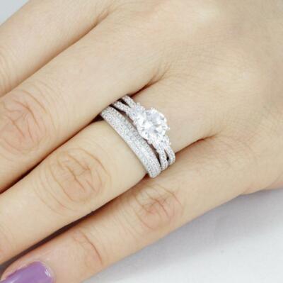 5ct Round Moissanite Split Shank Ring 3 Row Band Bridal Set White Gold Plated