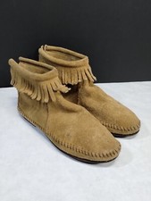 Vintage Minnetonka Brown Suede Zip Fringe Moccasin Ankle Booties 6.5