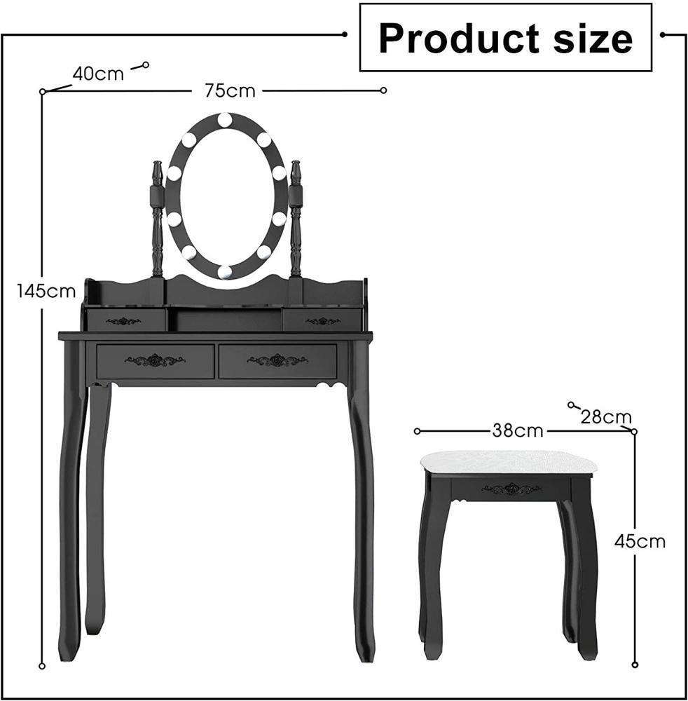 LED Dressing Table Set Black Vanity Makeup Table 4 Drawers Adjustable