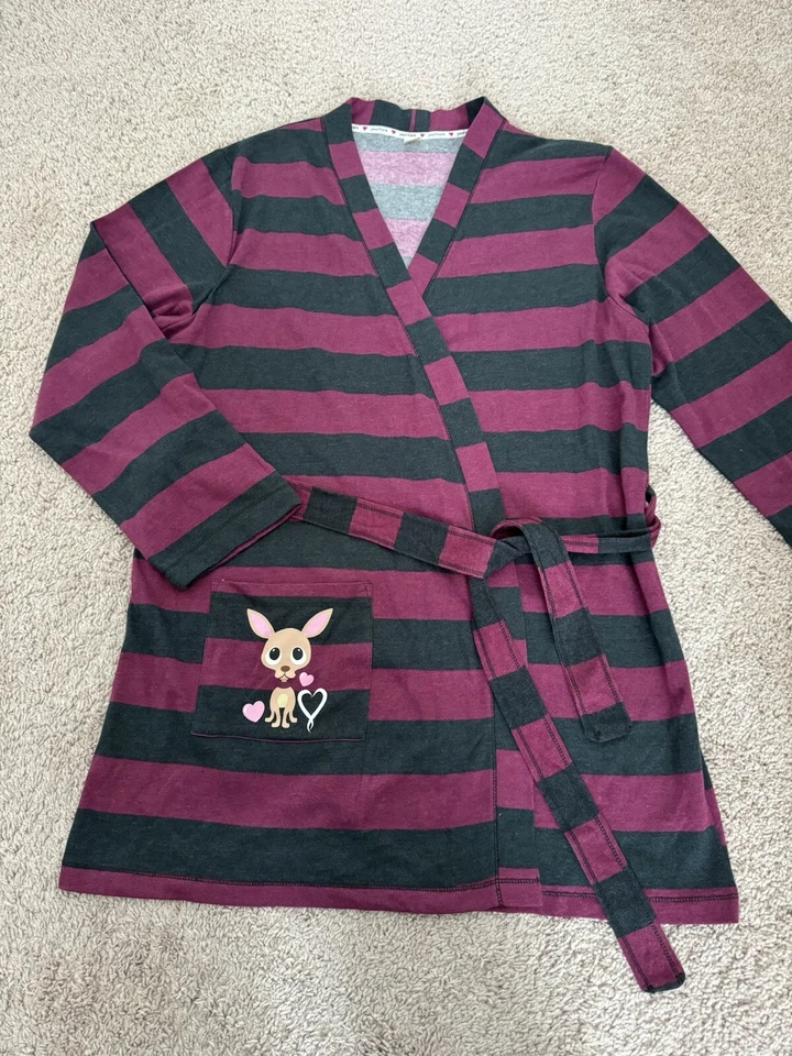 Bata vintage para mujer Paul Frank, ciruela/gris a rayas con ciervo y corazón talla L/XL Foto 2 de 4