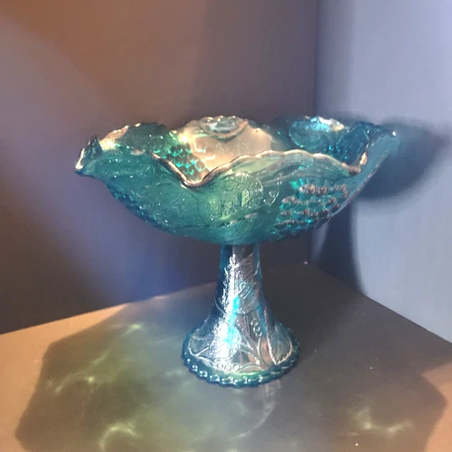 Vtg Aqua Blue Teal Indiana Glass Pedestal Compote Bowl Grapes & Leaves Carnival