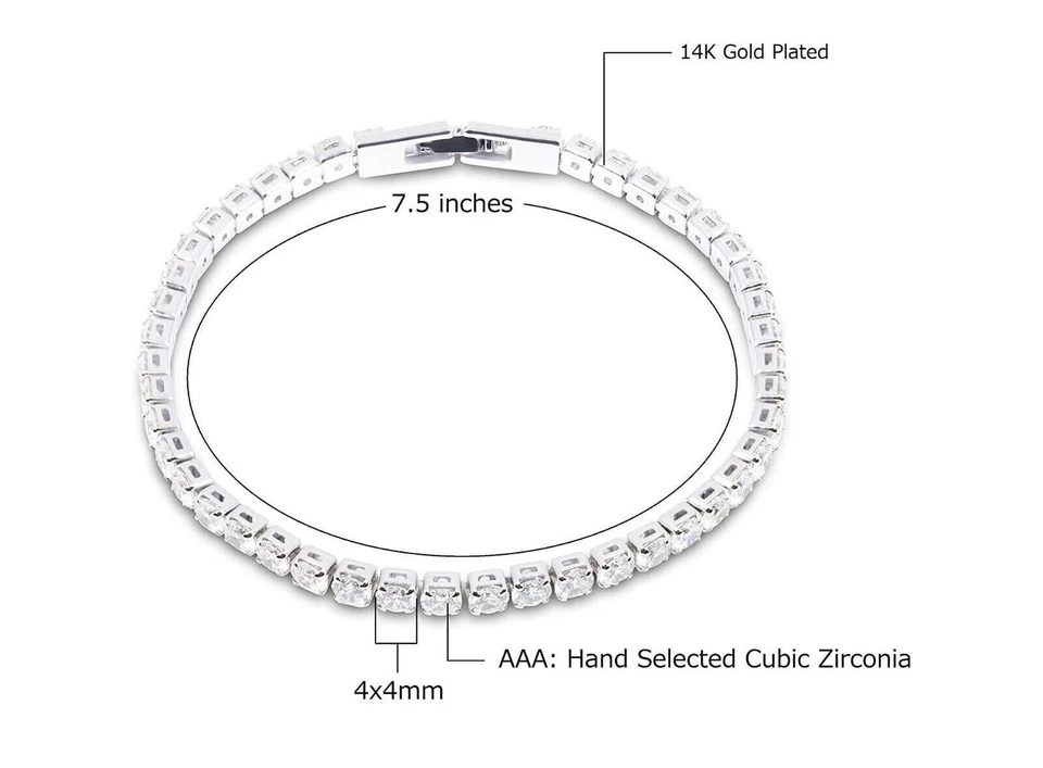 Brazalete cadena tenis circonita cúbica corte redondo de 4 mm enchapado en oro blanco de 14 k 7,5 pulgadas todos los colores Foto 2 de 4