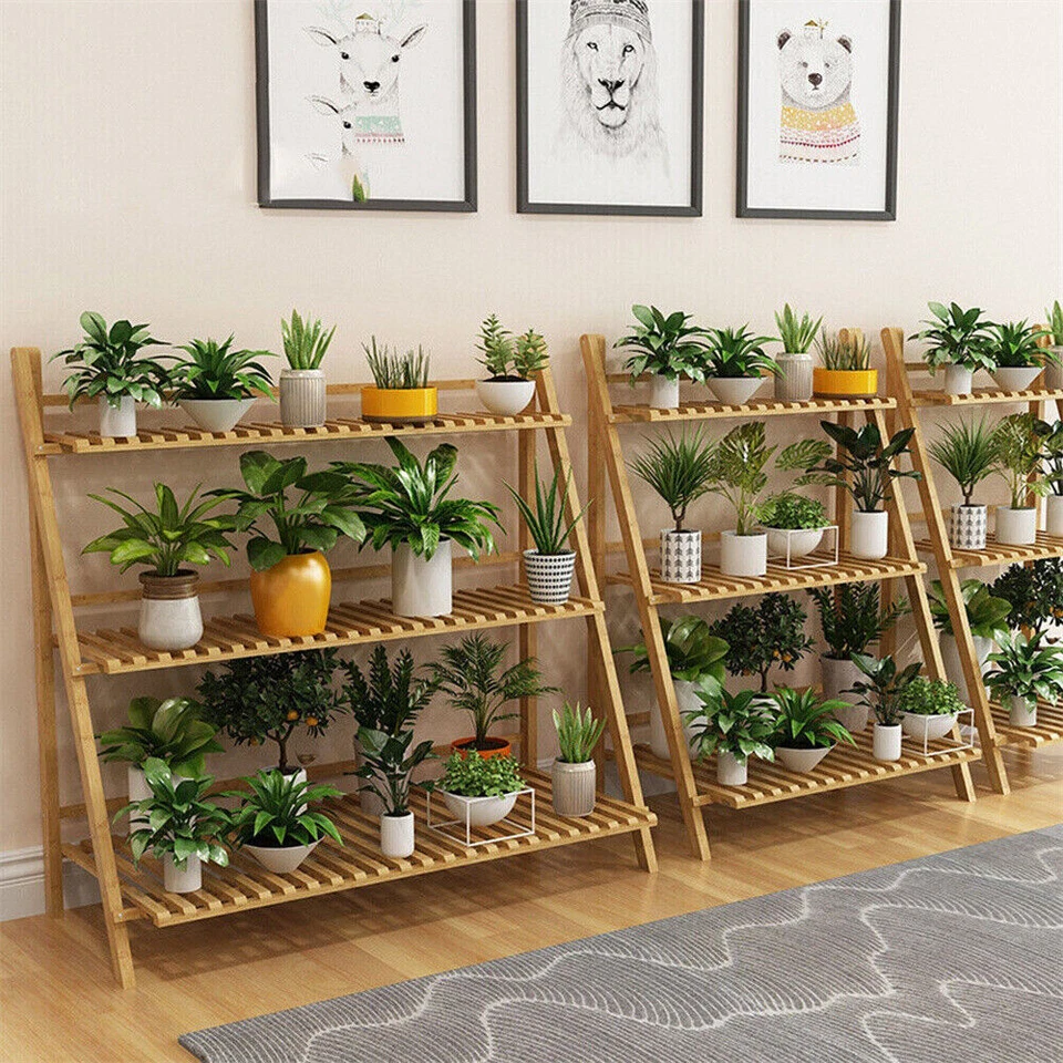 Soporte colgante de bambú de 3 niveles para plantas interior exterior escalera maceta estante plegable Foto 4 de 4