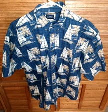Puritan Mens XL Shirt Button Up Hawaiian Tropical Sailboat Marine Blue