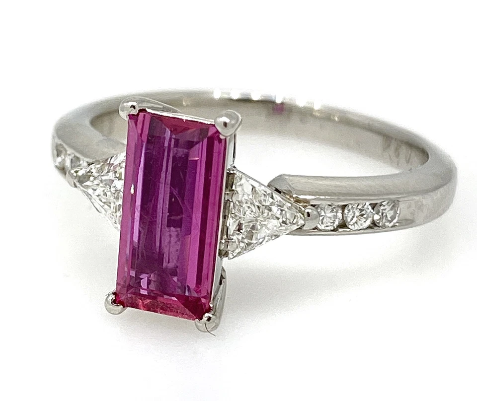 Rectangular Pink Tourmaline and Trillion Diamond Ring in Platinum - HM2151S2