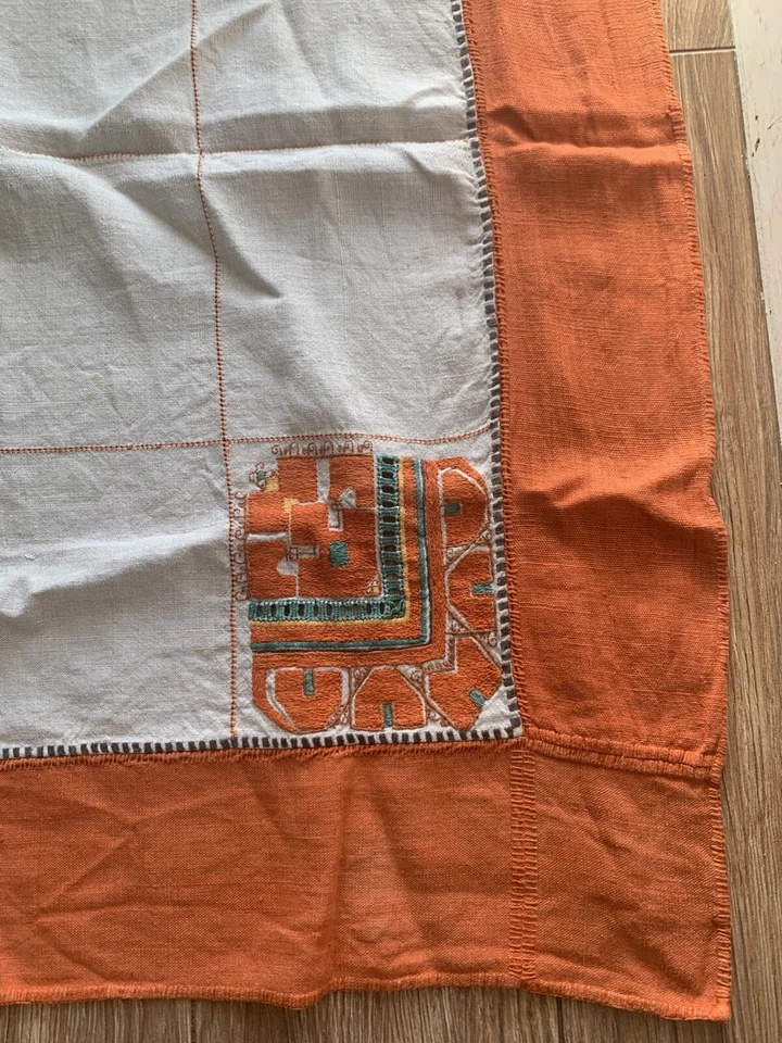 Antique 1910 1920s Art Deco Natural Linen Hand Embroidered Tablecloth 1m Square - Image 2 of 4