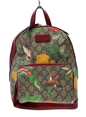 GUCCI GG Supreme Backpack Floral Bird Web stripe shoulder straps Beige Red