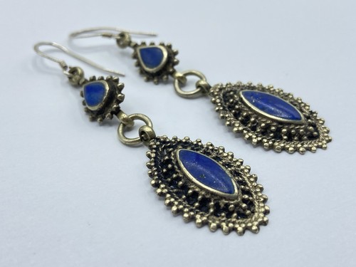 Beautiful Vintage Sterling Silver & Lapis Lazuli Drop Dangle Earrings