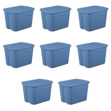Sterilite 18 Gallon Plastic Storage Bin with Snap on Lid, Light Blue, Pack of 8