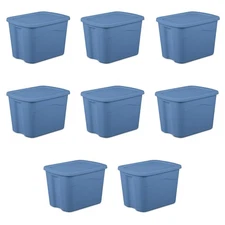 Sterilite 18 Gallon Plastic Storage Bin with Snap on Lid, Light Blue, Pack of 8