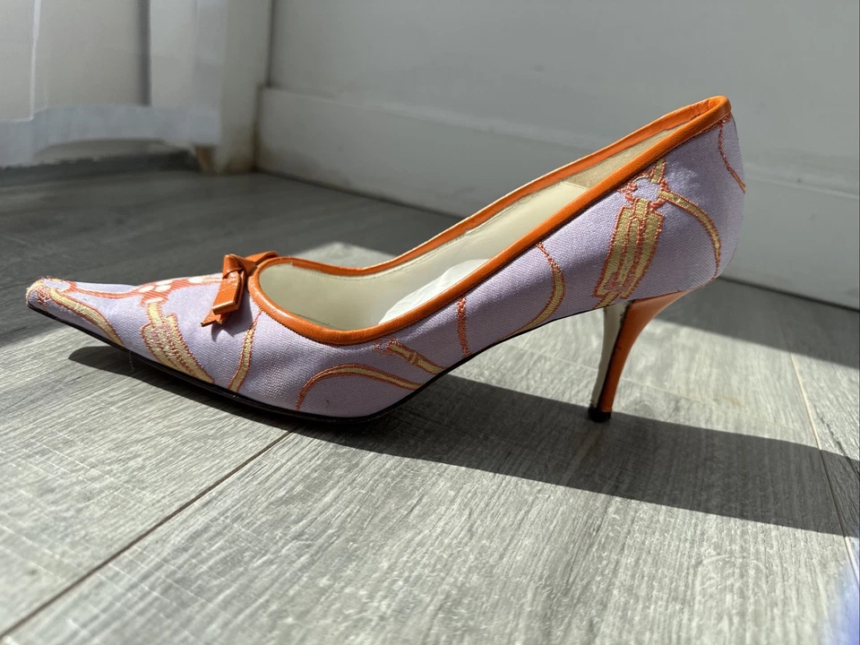 Bettye Muller Mujer Vintage Tacón Gatito, Lavanda y Naranja con Lazo Cuero Talla 39 Foto 4 de 4