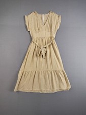 LOFT Women Midi Dress 10 Beige Stripe Cap Sleeve Smocked Waist Tiered Bohemian