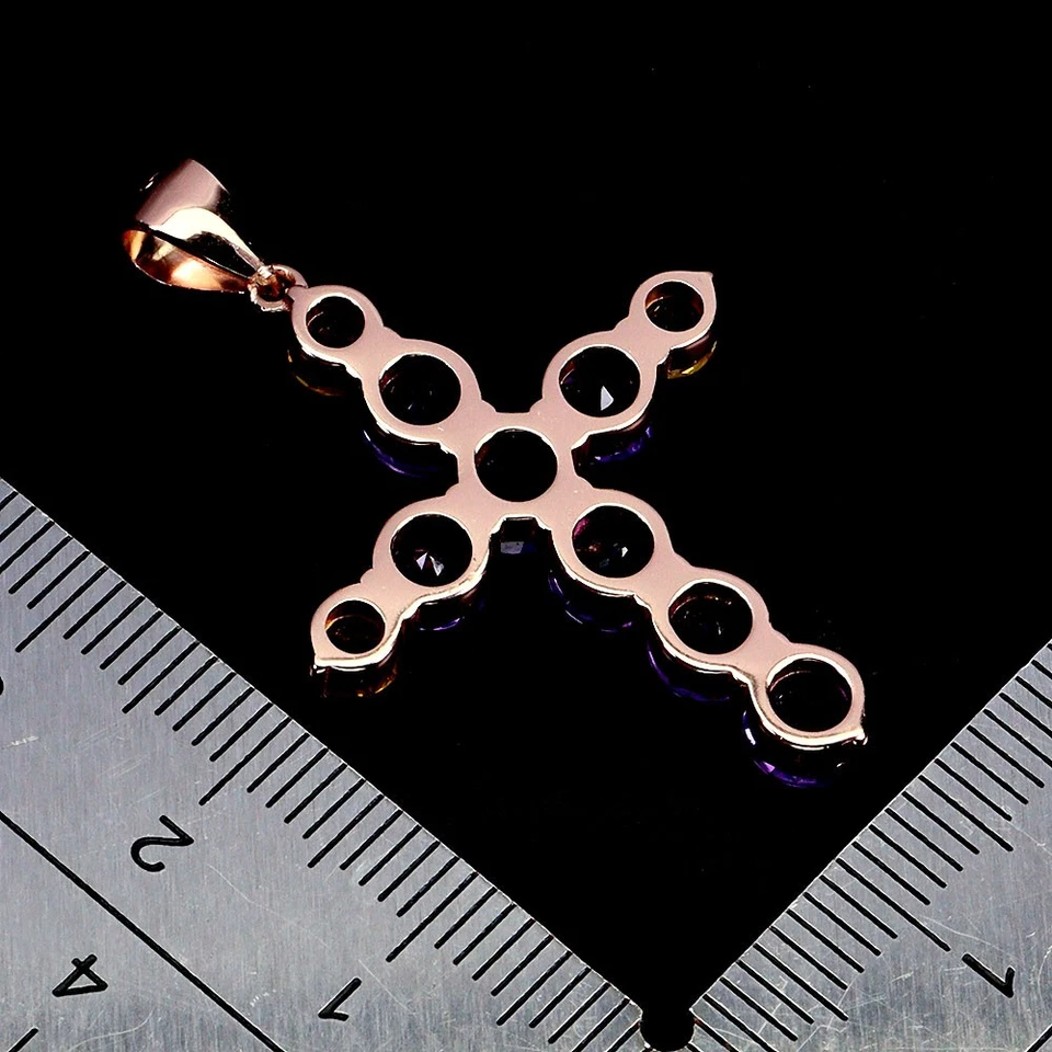 925 Pendente Argento Sterling Rotondo Ametista Citrino Croce No USA Import Tasse - Immagine 3 di 4