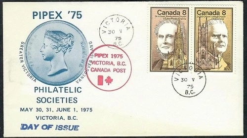 Canada Special Event May 30, 1975 FDC: Church Founders, PIPEX'75 - Sc #662-63