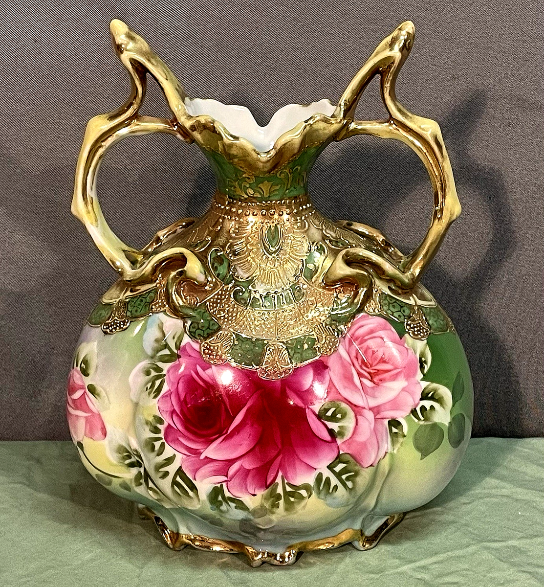 Antique Nippon Moriage 9” Porcelain Vase w/ Roses & Gold Gilded