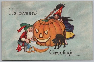 Halloween Fairman Pink Perfection 6948 #3 p61 Elf Carving JOL Witch Cat Postcard