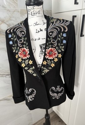 Vintage ZELDA Black Embroidered Beaded Floral Jacket Blazer Sz 8 Front Button
