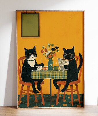 Coole Katzen im Café Kunstdruck, modernes Illustrationsposter, lustiges Katzenkunstwerk