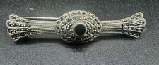 VTG Art Deco FAS 925 Sterling Silver Genuine Onyx Marcasite Pin Bar Brooch 8.8g