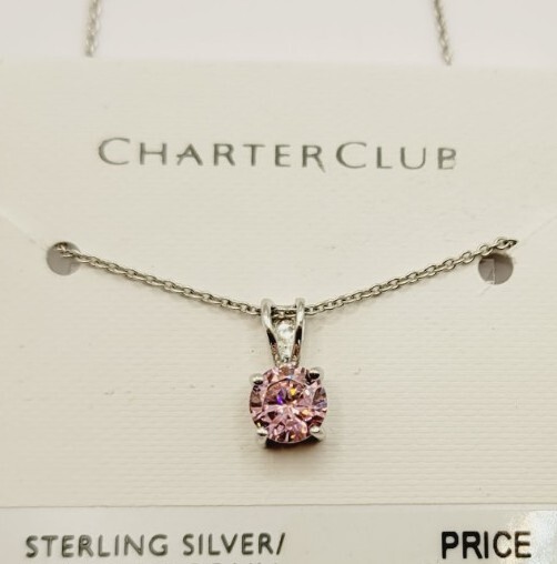 Pink Round Solitaire CZ Cubic Zirconia Sterling Silver Necklace 18